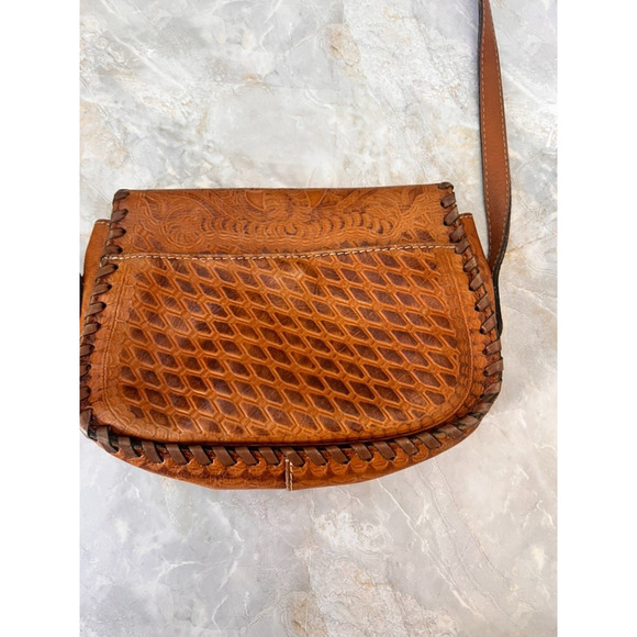 Patricia Nash Barcellona Saddle Bag Burnished Tooled Italian Brown Leather - Picture 2 of 11